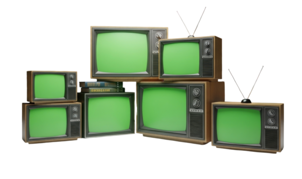Vintage television sets stacked in a creative arrangement with green screens for design projects transparent background, cutout PNG