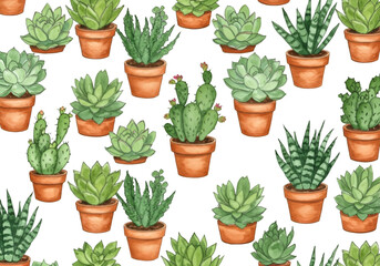 Fototapeta premium Seamless Pattern Illustration of Succulents in Terracotta Pots