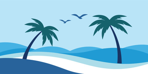 Abstract tropical landscape vector background. Flat design illustration with two palm trees and layered blue waves. Minimalist beach graphic for summer banners, posters, and travel design.