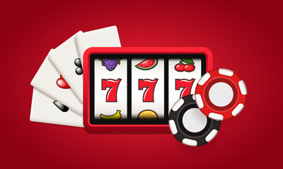 Slot machine with playing chips and cards. Vector 3d clipart isolated on red background.