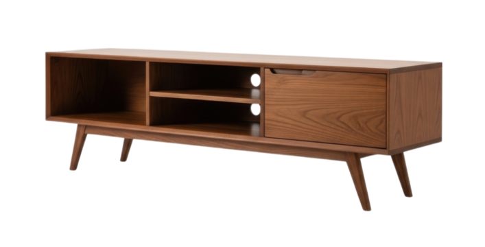 Elegant wooden TV stand with open shelving and drawers perfect for modern living spaces transparent background, cutout PNG