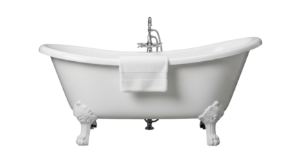 Elegant white freestanding bathtub with chrome faucet and towel on it, transparent background, cutout PNG