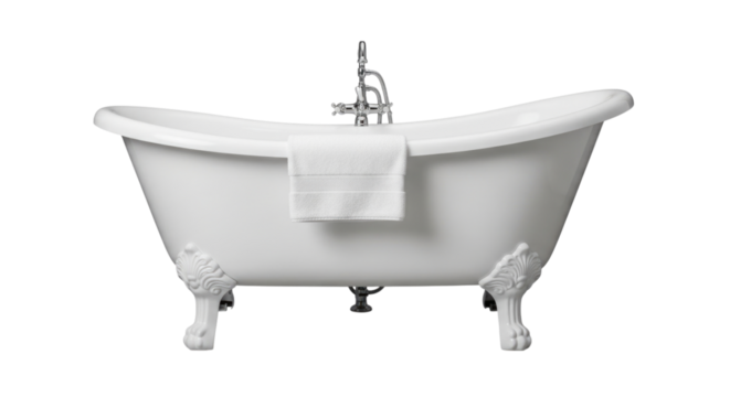 Elegant white freestanding bathtub with chrome faucet and towel on it, transparent background, cutout PNG - Powered by Adobe
