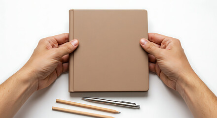 Obraz premium A pair of adult hands holding a blank-cover notebook in front of a white background, with two pencils and a pen lying below