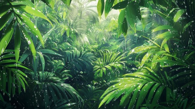 Lush rainforest scene with rain falling on vibrant green foliage. - Powered by Adobe