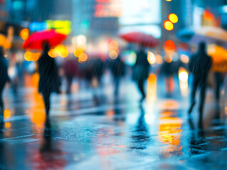 Fototapeta premium A rainy city square is viewed through a blurred, water-streaked window, showing abstract shapes of people and glowing neon lights in blue, orange, and yellow.