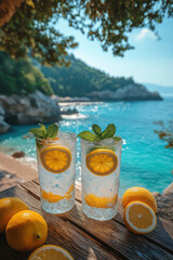 Verre de limonade fraîche avec citron et menthe en bord de mer
