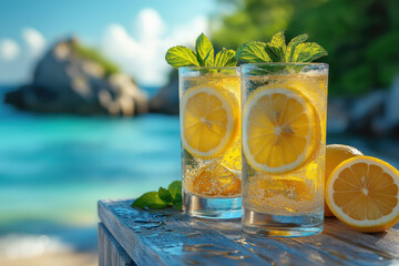 Verre de limonade fraîche avec citron et menthe en bord de mer
