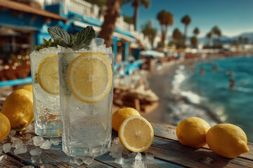 Verre de limonade fraîche avec citron et menthe en bord de mer