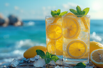 Verre de limonade fraîche avec citron et menthe en bord de mer