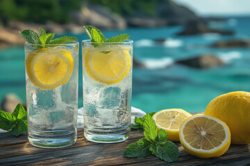 Verre de limonade fraîche avec citron et menthe en bord de mer