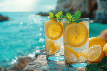 Verre de limonade fraîche avec citron et menthe en bord de mer