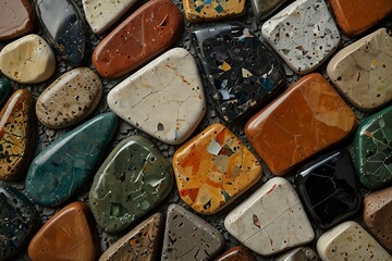 Close up of polished tumbled stones in various colors and textures