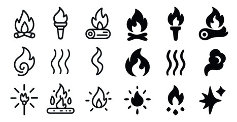 Obraz premium Fire and flame icons set – outline, silhouette, safety and hazard symbols
