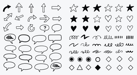 Big set of hand drawn sketch vector elements. Black outline arrows, stars, hearts, speech bubbles, and doodles for annotation, communication, and creative design projects.