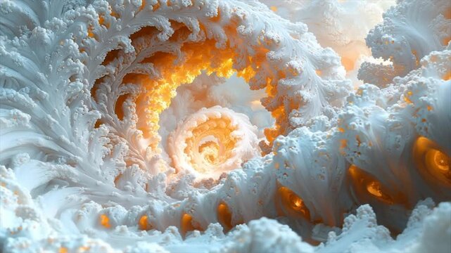 Glowing orange spiral within swirling white fractal