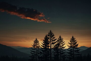 Obraz premium Silhouetted pine trees against a dramatic sunset sky