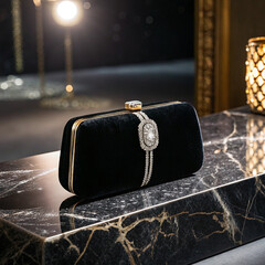 Elegant Black Velvet Evening Clutch with Rhinestone Embellishment on Marble Surface

