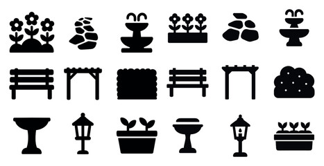 Garden and landscaping silhouette icons set &ndash; solid, linear, nature and outdoor symbols