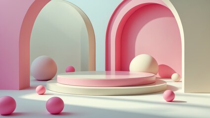 Colorful abstract scene with arches and spherical objects in pink, white, and pastel shades. Decorative structure with geometric shapes and arches.