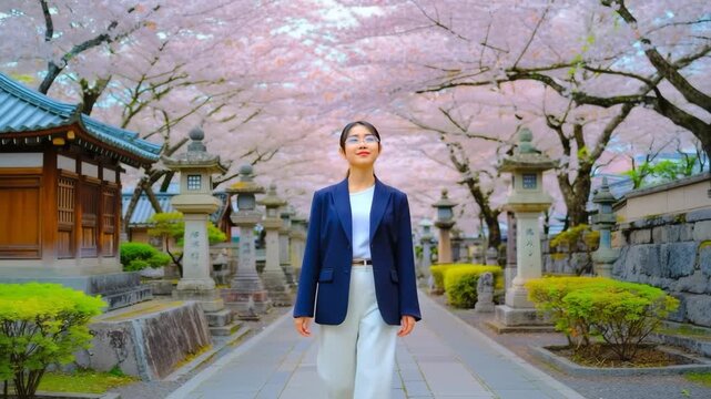 Elegant Woman Walking Under Cherry Blossoms in Japanese Temple Garden