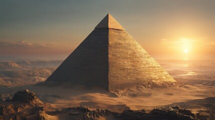 Obraz premium Glowing Gold Pyramid at Sunrise with Desert Landscape Background