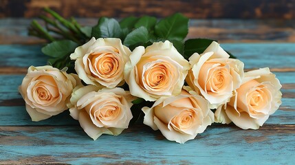 Bouquet of pale peach roses on a teal wooden surface.