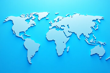 Fototapeta premium Light blue world map silhouette on a vibrant blue background showing continents and oceans in a simple graphic style