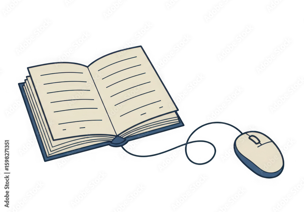 Poster An open book is connected to a computer mouse symbolizing the transition from