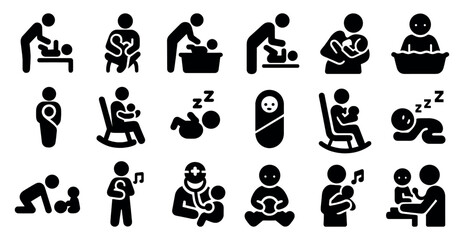 Obraz premium Parenting and baby care solid icons set – silhouette, family, child essentials