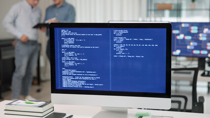 Smart AI cyber bot deep tech tools help write prompt code screen. Asia people asian man IT team...