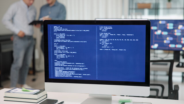 Smart AI cyber bot deep tech tools help write prompt code screen. Asia people asian man IT team typing busy talking work on predict big data center office reskill upskill STEM expert skill job course.