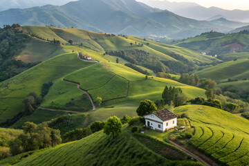 Idyllic Green Countryside with Rolling Hills and Farmhouse – Scenic Misty Landscape

