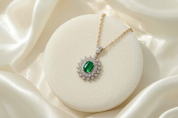 Fine jewelry emerald pendant necklace with diamond halo setting, elegant green stone jewelry on silk background, luxury accessories for women
