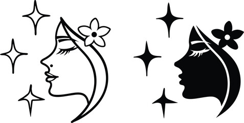 Beauty Icons. Black and White Vector Illustrations. Beautiful Girl Face with Flower in Hair. Fashion Concept
