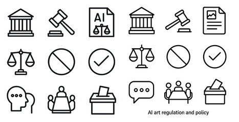 Ai regulation and policy icons set – outline, linear, law and governance symbols