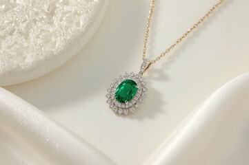 Luxury emerald diamond pendant necklace on white silk background, elegant green gemstone jewelry for special occasions, bridal accessories, fine jewelry photography
