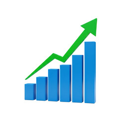 Rising bar graph with arrow showing growth and success isolated on transparent background