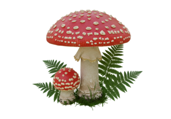 Two Red Mushrooms With White Spots And Fern PNG