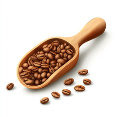 Obraz premium Illustration of a wooden scoop overflows with roasted coffee beans, with a few scattered around it, all set against a clean white background.