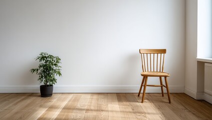 A simple room with white walls and light wood floors, featuring an empty wooden chair in the right corner of the frame. A plant is placed on one wall to add life and greenery. The floor has natural 