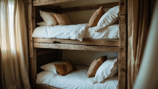 Bunk beds with white bedding and pillows in a rustic wooden room.