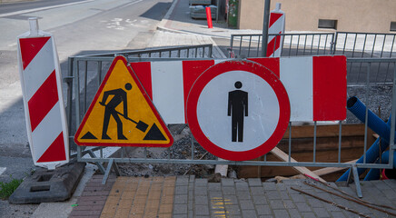 Road construction zone with warning signs