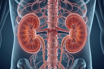 Human kidney anatomy 3D medical illustration showing renal system with blood vessels, healthcare education concept, urological medical background for presentations
