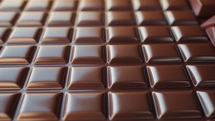 Obraz premium Close-up of a chocolate bar with a grid pattern, featuring smooth, glossy squares.