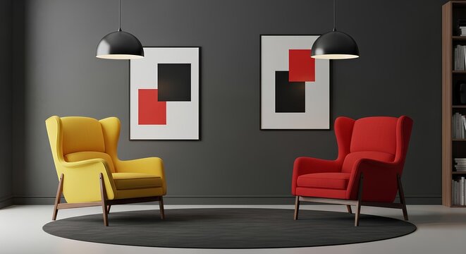 Modern Living Room with Contrasting Yellow and Red Wingback Chairs
 - Powered by Adobe