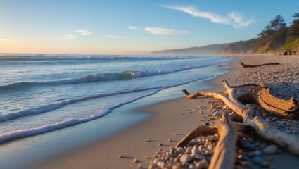 A serene beach scene with waves, sandy shoreline, and driftwood, captured during sunset or sunrise, creating a peaceful seaside atmosphere.