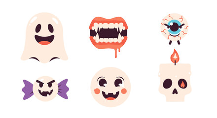 Halloween themed graphic elements including a ghost, vampire teeth, eye, candy, and skull candle.
