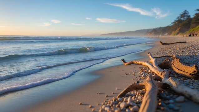 A serene beach scene with waves, sandy shoreline, and driftwood, captured during sunset or sunrise, creating a peaceful seaside atmosphere.