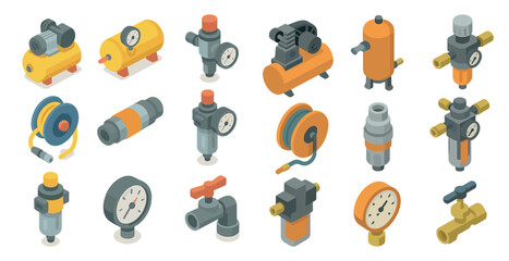 Air compressor tools isometric icons set – 3d, equipment, industrial and machinery elements